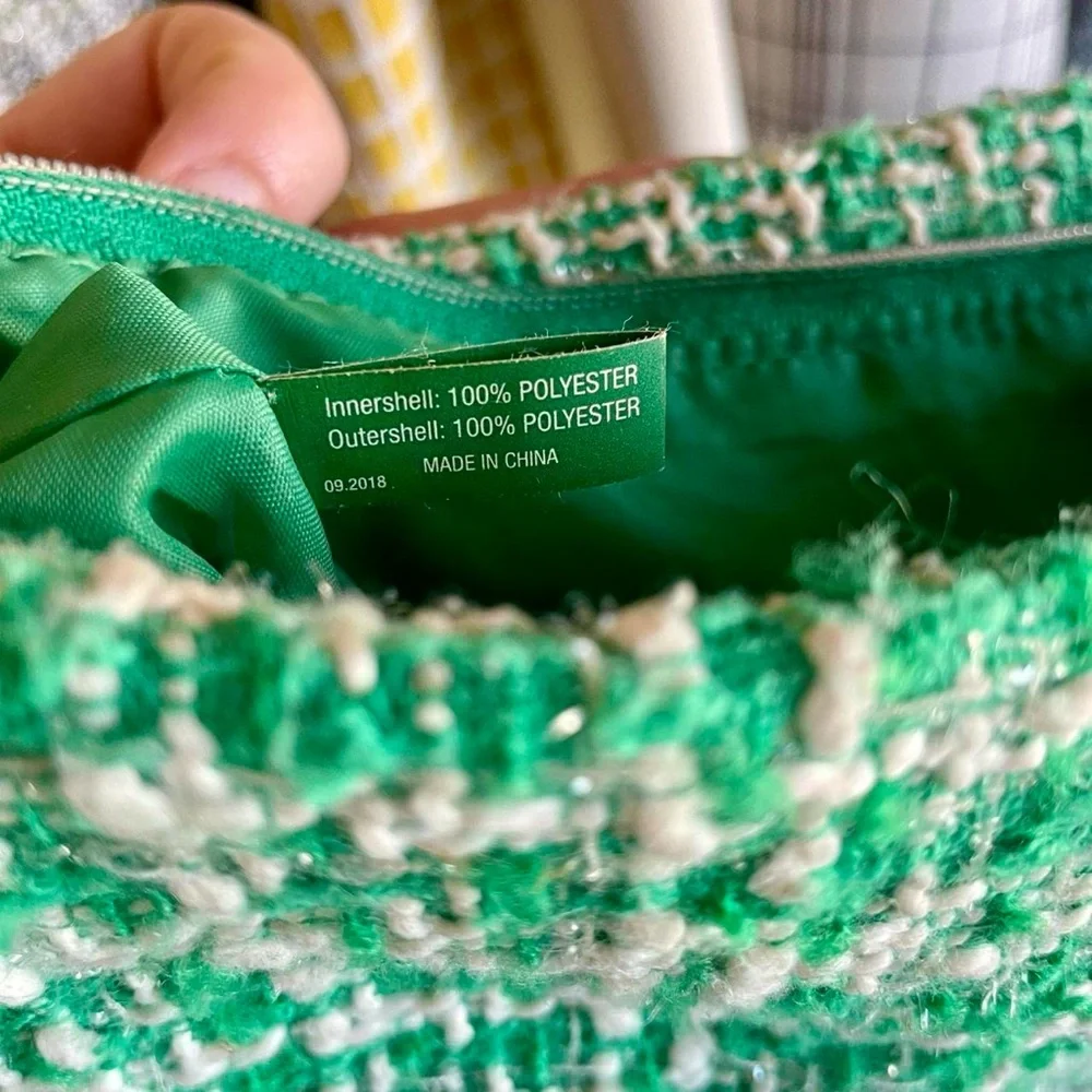 Mario Badescu green and white tweed makeup bag